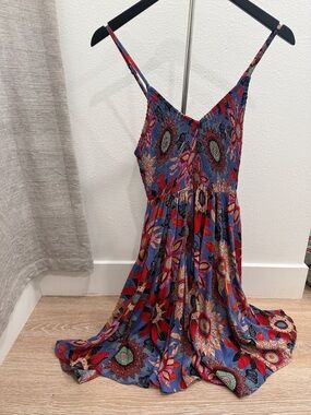 Angie Multicolor Boho Rayon Dress - Blue, Red, Pink
